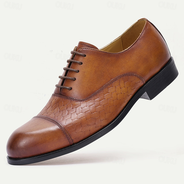  Men's Premium Cowhide Oxford Shoes with Woven Leather Design, Classic Lace-Up Style for Formal and Business Occasions