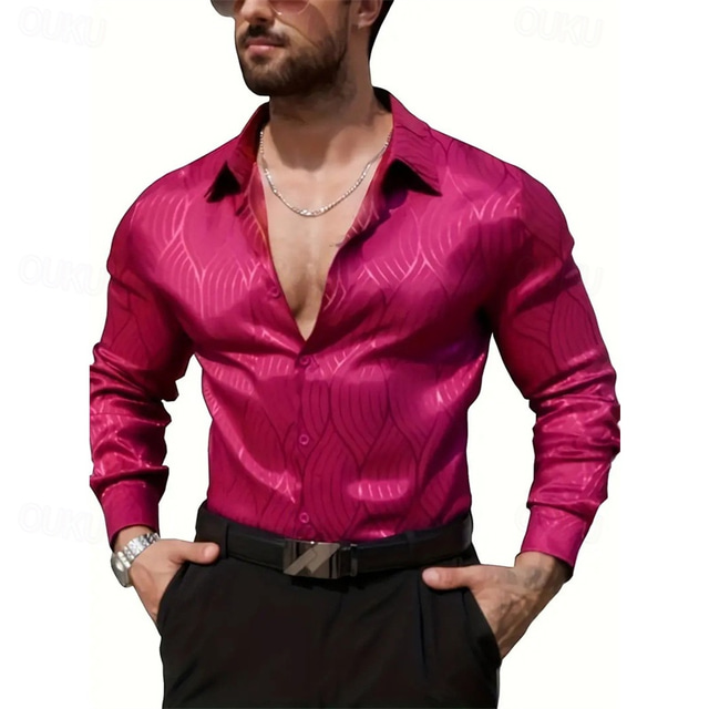  Men's Shirt Summer Shirt Casual Shirt Button Up Shirt Black White Pink Blue Purple Long Sleeve Jacquard Lapel Vacation Holiday Patchwork Clothing Apparel Polyester Fashion Casual Comfortable