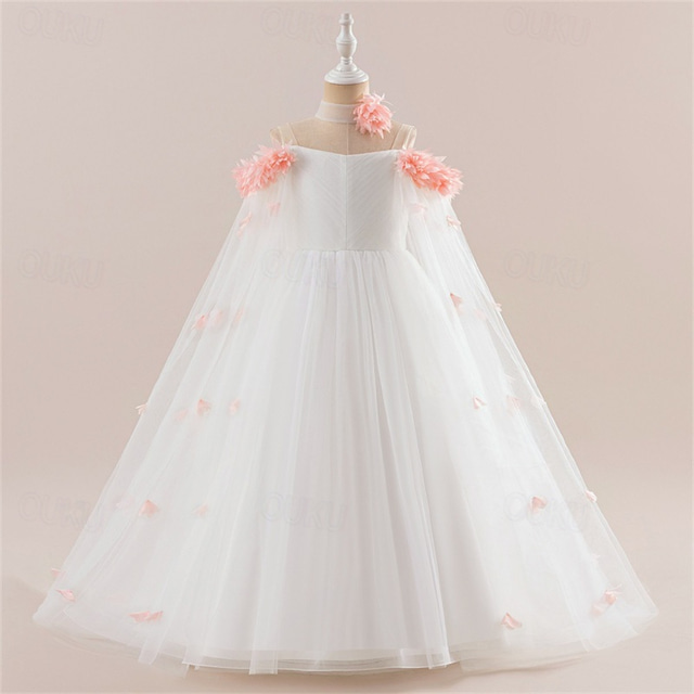  Flower Girl Dress Kid's Girls' Princess Dress Performance Wedding Party Elegant Beautiful Mesh Solid Color Sleeveless Crew Neck Light Pink White 4 years+