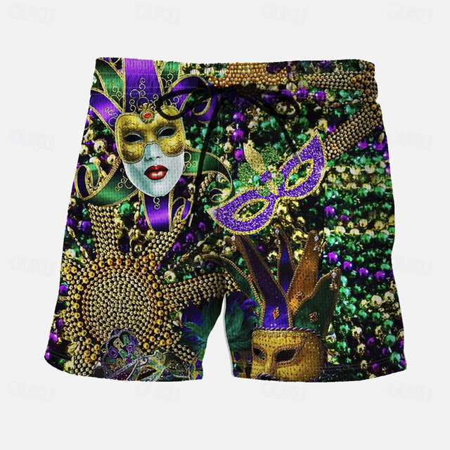  Men's Mardi Gras Carnival Swim Trunks Swim Shorts Board Shorts Mid Waist Vintage Streetwear Casual Daily Holiday Pocket Drawstring Elastic Waist Designer Clothing Apparel
