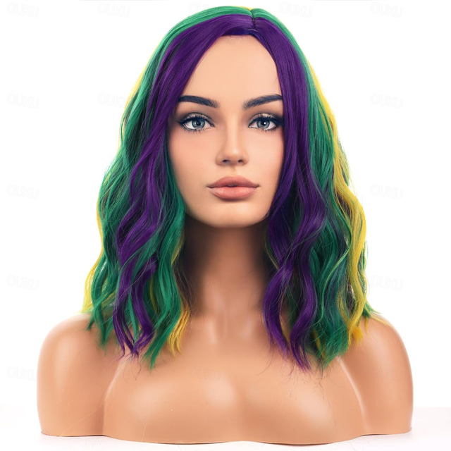  Mardi Gras Wigs Halloween Wigs Women Girls Carnival Costume Cosplay Purple Green Yellow Side Wig Shoulder Width Length Carnival Cosplay Party Wig