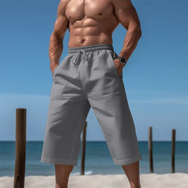  Per uomo Pantaloncini Pantaloncini di lino Pantaloncini da spiaggia Pantaloni modello Capri A cordoncino Vita elastica Liscio Comfort Traspirante Polpaccio Esterno Giornaliero Per eventi Festivit