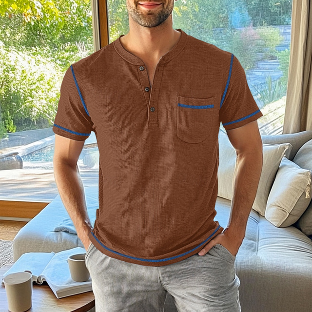  Men's Waffle Henley Shirt Tee Short Sleeve Buttons Pocket Color Block Henley Outdoor Casual Daily Summer Blue Brown Gray Henley T-Shirt