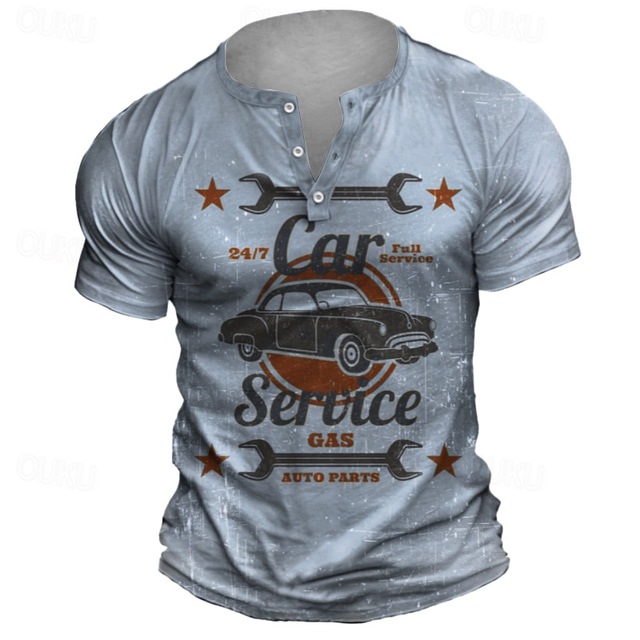  Pánské Grafika Car Service Tričko Tričko Henley Krátký rukáv Retro ulice Ležérní Denní Léto Jaro Světle modrá Khaki Šedá Henley Tričko Henley