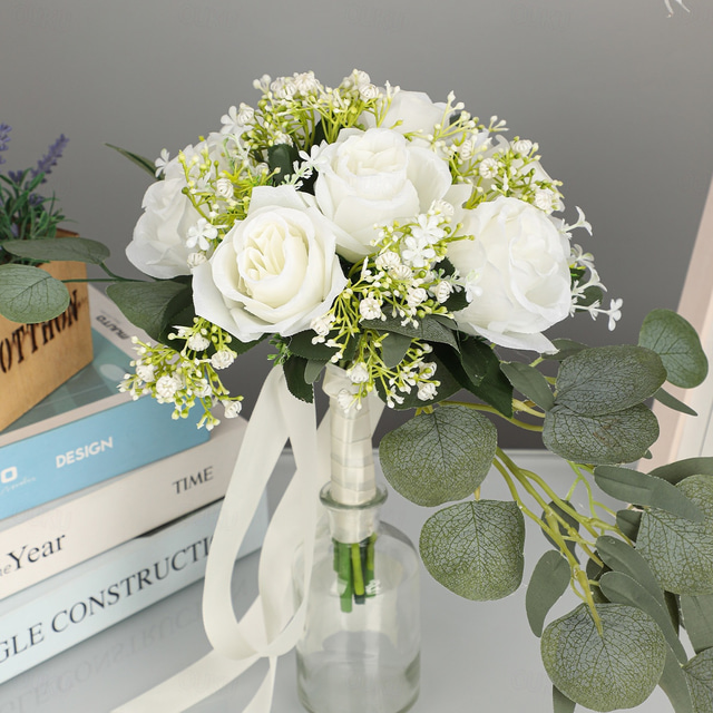 Wedding Bouquets for Bride, Artificial Silk Flower Eucalyptus and Rose ...