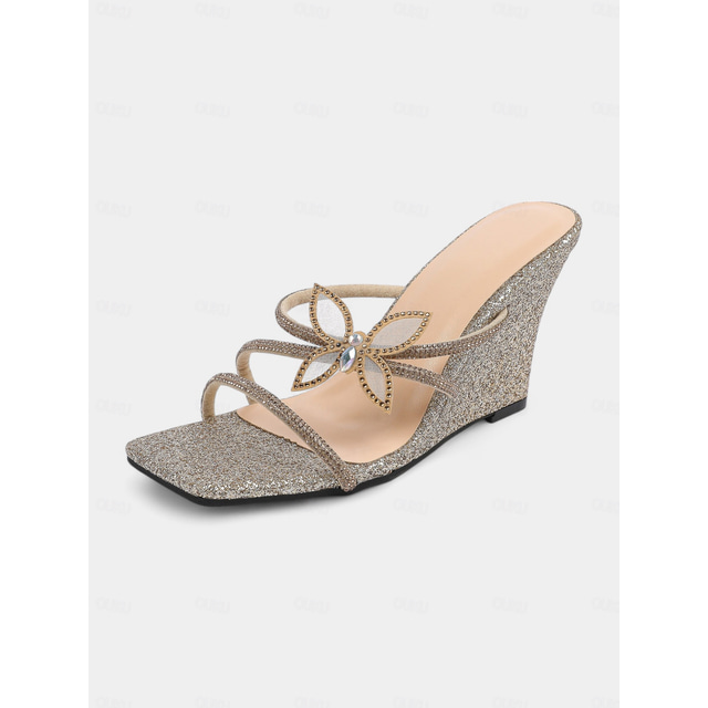  Women's Silver Glitter Wedge Heels with Butterfly Embellishment – Elegant Bridal Sandals for Weddings and Formal Events