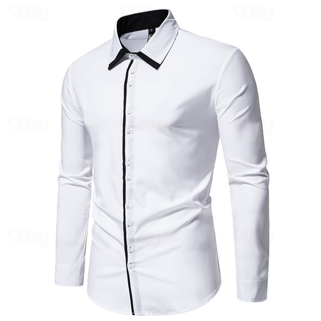 Men's Dress Shirt Collared Shirt Button Up Shirt Color Block Wedding Daily Black White Navy Blue Long Sleeve Turndown Spring &  Fall Clothing Apparel Patchwork