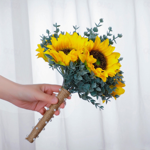  Wedding Bouquets for Bride, Artificial Silk Flower Eucalyptus and Sunflower Bridal Bouquet, Rustic Outdoor Wedding Photography Prop and Decorative Handheld Flowers