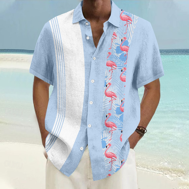  Men's Flamingo Summer Hawaiian Shirt Bowling Shirt Button Up Shirt Short Sleeve Hawaiian Resort Vacation Summer Spring Turndown Button Up Blue