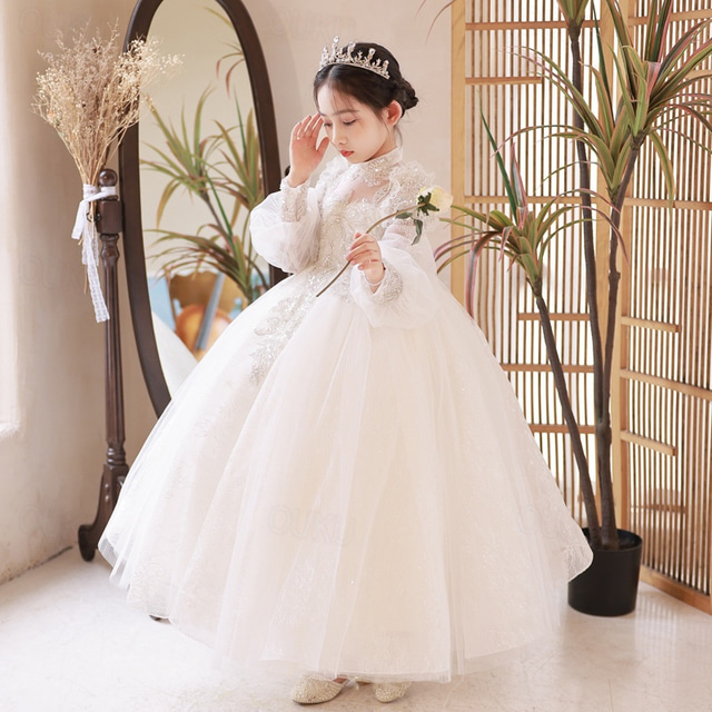  Flower Girl Dress Kid's Girls' Princess Dress Performance Wedding Party Elegant Beautiful Mesh Solid Color Long Sleeve Standing Collar White 4 years+