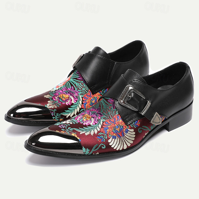  Men's Premium Cowhide Leather & Jacquard Fabric Floral Embroidered Monk Shoes with Metal Toe Cap, Stylish Formal Footwear with Buckle Detail, Perfect for Business, Parties, and Special Occasions