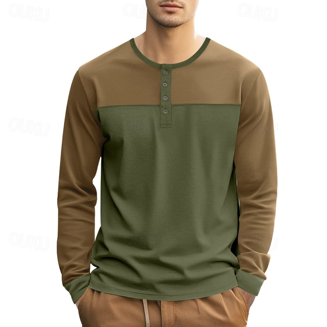  Men's T Shirt Henley Shirt Henley Top Long Sleeve Solid Color Vintage Casual Patchwork Henley Outdoor Causal Casual Spring Fall Spring &  Fall Black Green Light Blue Henley T-Shirt