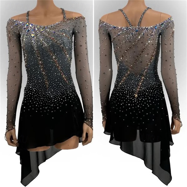  Figure Skating Dress Women's Girls' Ice Skating Dress Black Asymmetric Hem Mesh High Elasticity Training Competition Skating Wear Classic Crystal / Rhinestone Long Sleeve Ice Skating Figure Skating