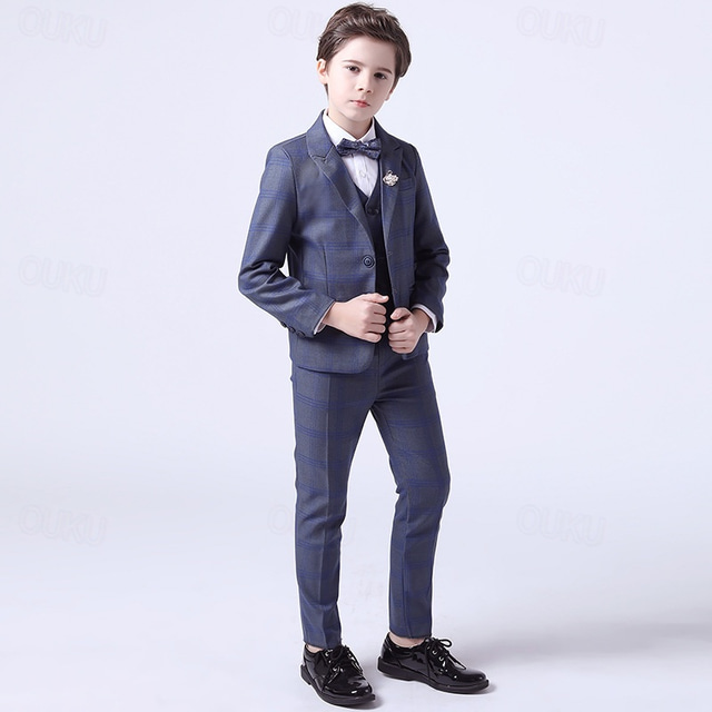  4 kusy Oblek pro mládence Chlapecké Děti Oblek Formální oblek Blazer & Vesta & Kalhoty & Kravata Formální sada Formální Párty Módní Chladný Pléd Kapsy Vodní modrá Bavlna
