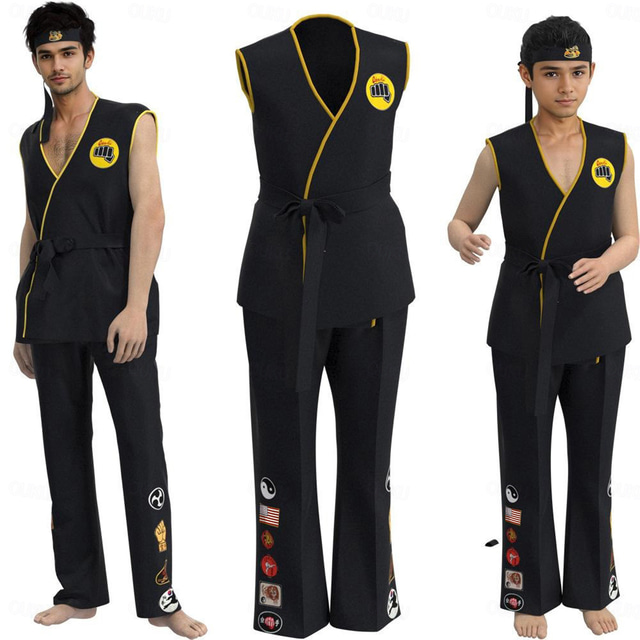  Cobra Kai Karate Kid Outfits Masquerade Men's Women's Boys Movie Cosplay Sports Cosplay Black Top Pants Waist Belt Carnival Children's Day Masquerade Girls' World Book Day Costumes