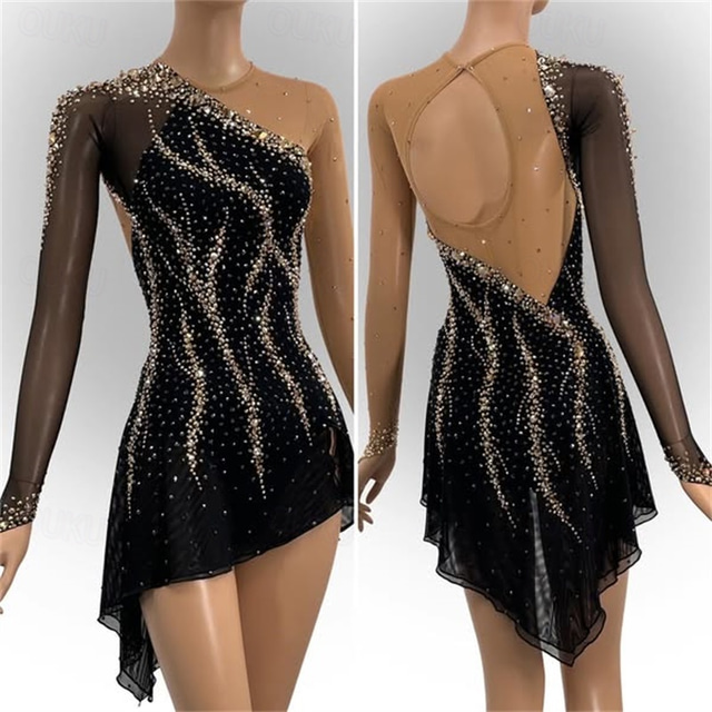  Vestidos para Patinação Artística Mulheres Para Meninas Patinação no Gelo Vestidos Preto Sem costas Barra Assimétrica Com Transparência Elasticidade Alta Treino Competição Roupa para Patinação