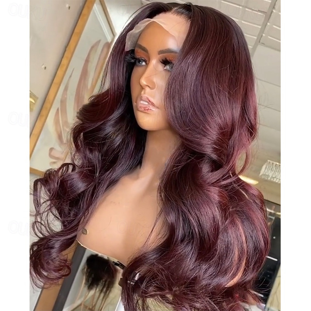  Remy Human Hair 5x5 Closure 13x6 Lace Front Wig Side Part Middle Part Free Part Brazilian Hair Deep Wave Burgundy Wig 130% 150% 180% Density with Baby Hair Natural Hairline Pre-Plucked For Women wigs