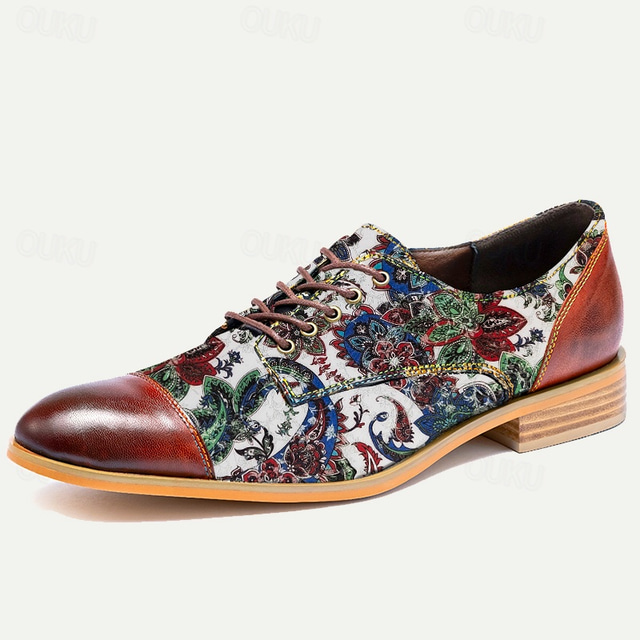  Men's Premium Cowhide Leather Paisley Print Oxford Shoes with Brown and Multicolor Accents – Stylish and Comfortable Footwear for Casual and Semi-Formal Events