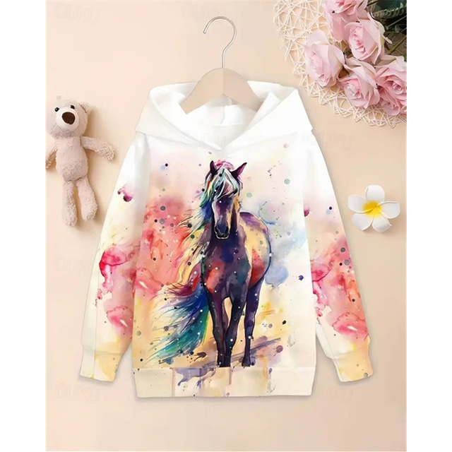  Girls' 3D Graphic Horse Hoodie Long Sleeve Spring Fall Fashion Streetwear Kids 4-12 Years Hooded Outdoor Casual Daily Regular Fit