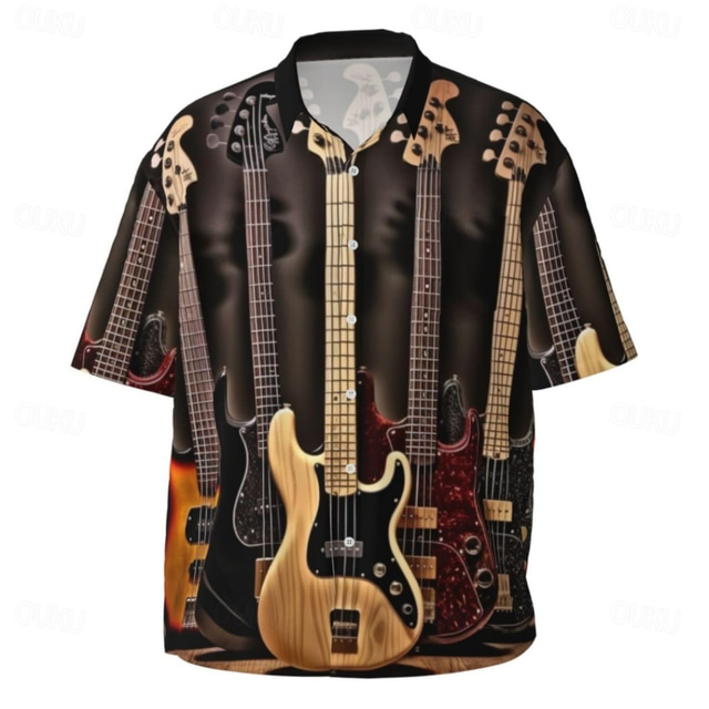  Bărbați Instrument muzical Cămașă casual Camașă cu nasturi Manșon scurt Moda Casual Casual Vară Primăvară Răsfrânt Butonul sus Maro