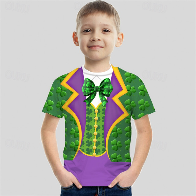  St. Patrick Boys 3D Graphic Four Leaf Clover T shirt Tee Short Sleeve Summer Spring Fashion Basic Kids 4-12 Years Crew Neck Outdoor Casual Daily Regular Fit
