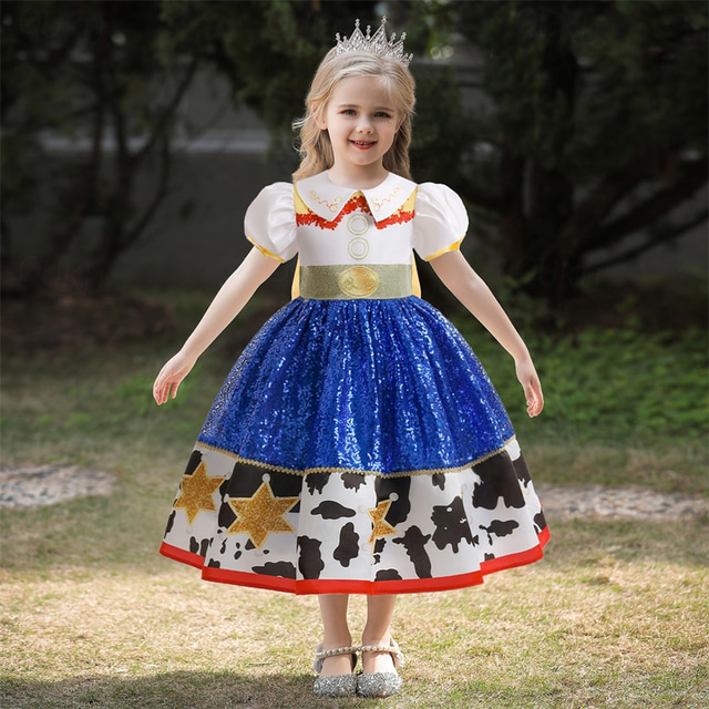  Kinderen Voor meisjes Cosplay-jurk Feestjurk Kleurenblok Ster Korte mouw Prestatie Verjaardag Pailletten Cosplay Kostuum Zoet Polyester Midi Feestjurk Swingjurk A lijn jurk Zomer 4 jaar + blauw