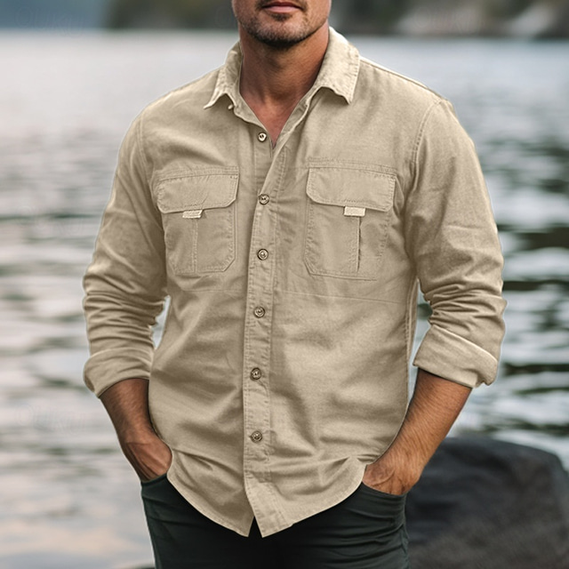  Men's Shirt Work Shirt Button Up Shirt Cargo Shirt Black Green khaki Light Grey Long Sleeve Plain Lapel Vacation Holiday Front Pocket Clothing Apparel Fashion Casual Comfortable