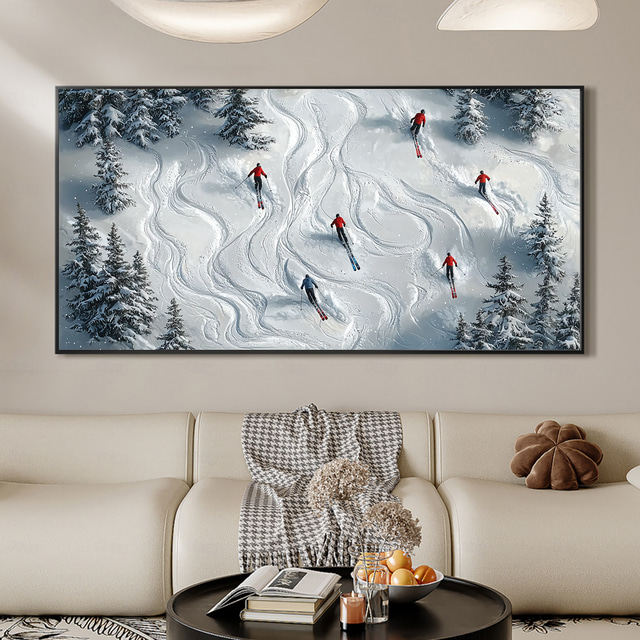  Handmade Original Skiing Painting Oil Painting On Canvas Abstract Texture Winter Landscape Painting Wall Art for Home Decor With Stretched Frame/Without Inner Frame Painting