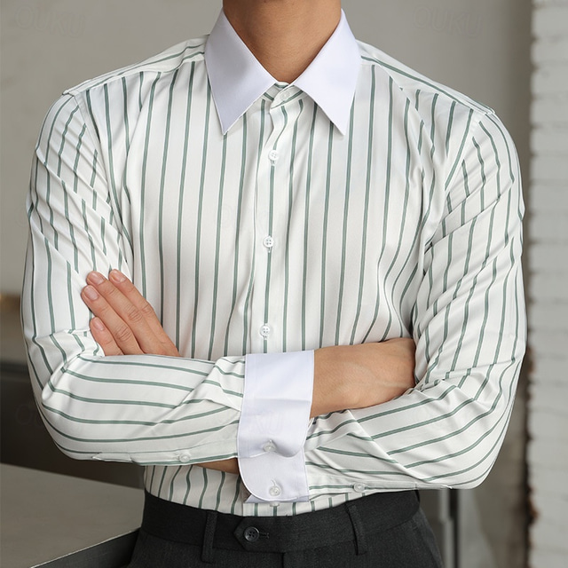  Herren Hemd Kleidhemd Knopfhemd Gestreift Hochzeit Party Schwarz Weiß Hellgrün Blau Langarm Revers Frühling & Herbst Bekleidung