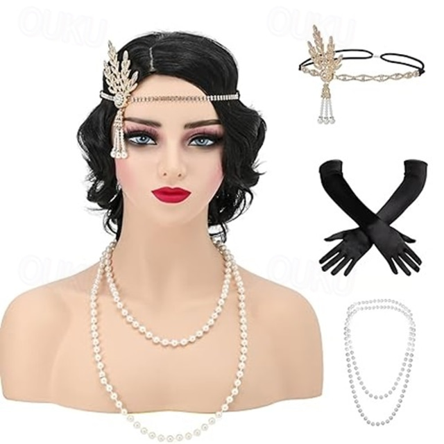  Accessori flapper anni '20, set di accessori per costumi Gatsby per donne, copricapo anni '20, collana di perle, porta guanti