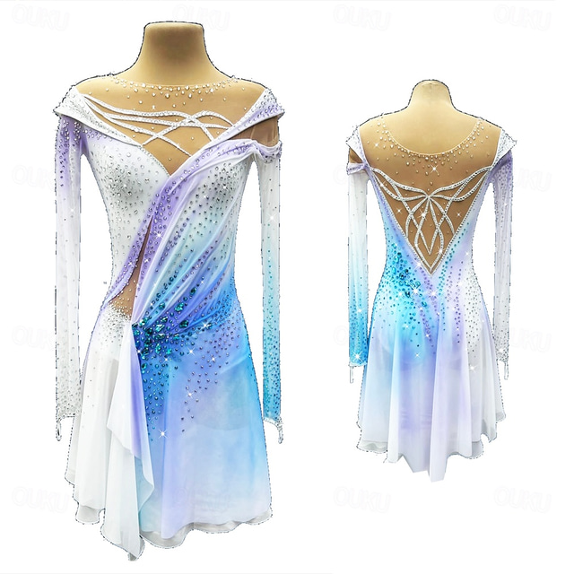  Figure Skating Dress Women's Girls' Ice Skating Dress White Thumbhole Halo Dyeing High Elasticity Professional Competition Skating Wear Thermal Warm Crystal / Rhinestone Long Sleeve Ice Skating