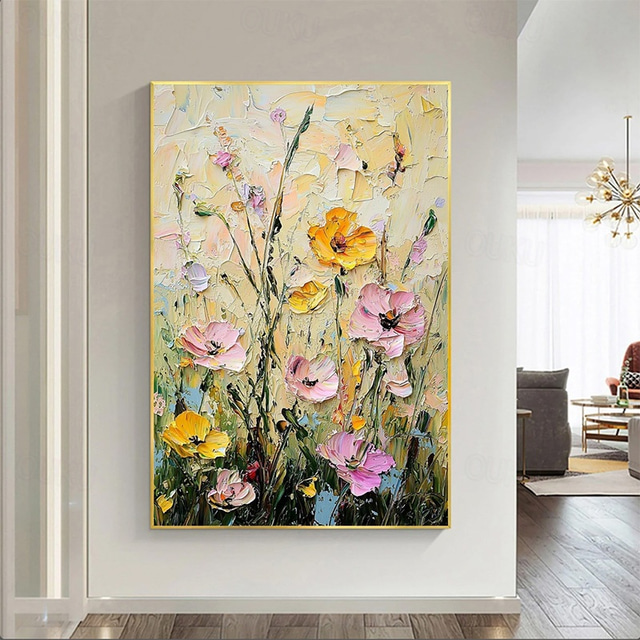  3D Multicolor Flower Textured Wall Art 3D Abstract Handmade Oil Painting Spring Art Soft Color Flower Living Room Wall Decor Frame Ready To Hang Or No Frame