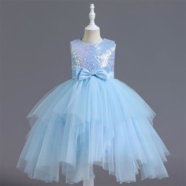  Flower Girl Dress Kid's Girls' Princess Dress Performance Wedding Party Elegant Beautiful Sequins Mesh Solid Color Sleeveless Crew Neck Champagne Pink 4 years+
