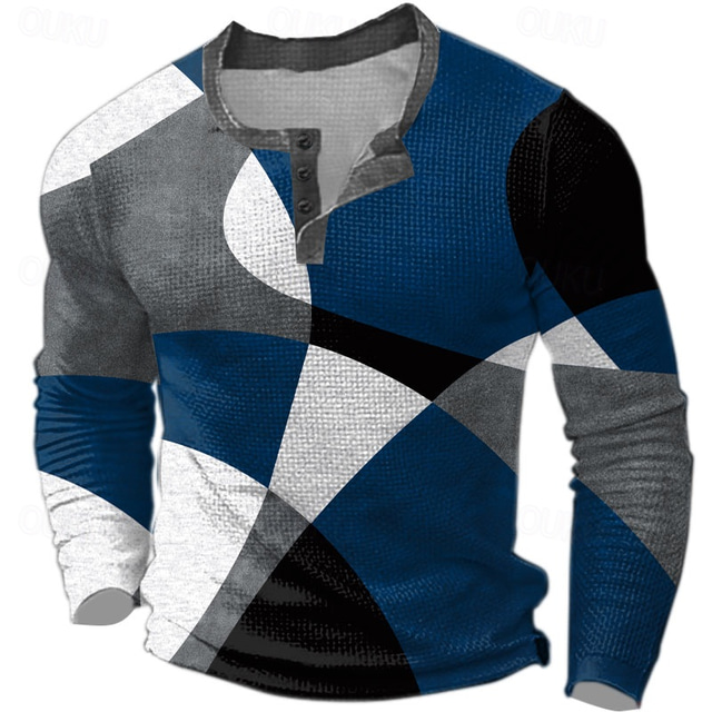  Men's Graphic Geometric Color Block Waffle Henley Shirt Casual Style Classic Style Long Sleeve Fashion Designer Basic Outdoor Daily Spring &  Fall Blue Burgundy Henley Henley T-Shirt