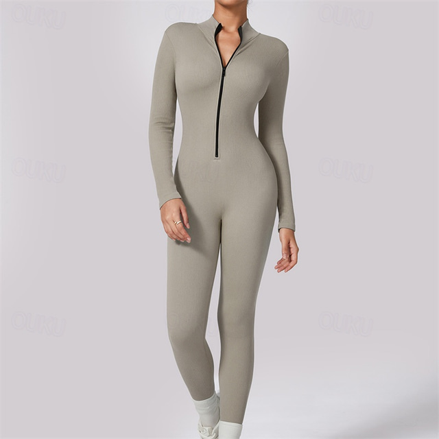  Dame Jumpsuit Treningsjakke Heldraktskostymer Glidelås Helfarge Kroppsdrakt Buksedress Sølv Svart Yoga & Danse Sko Trening Treningsøkt Pustende Myk Langermet Sport Sportsklær Mikroelastisk Tynn