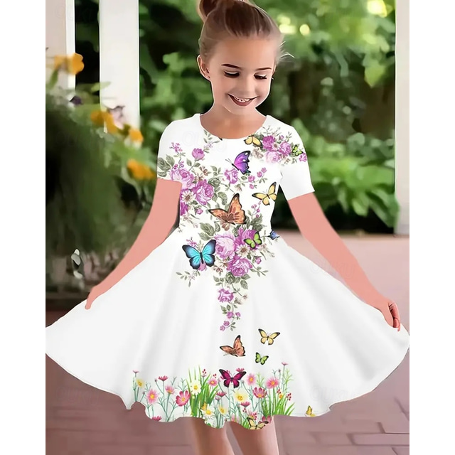 Easter Girls' 3D Graphic Butterfly Flower Dress Short Sleeve Summer Spring Vacation Daily Holiday Princess Beautiful Sweet Kids 4-12 Years Casual Dress A Line Dress Knee-length Regular Fit