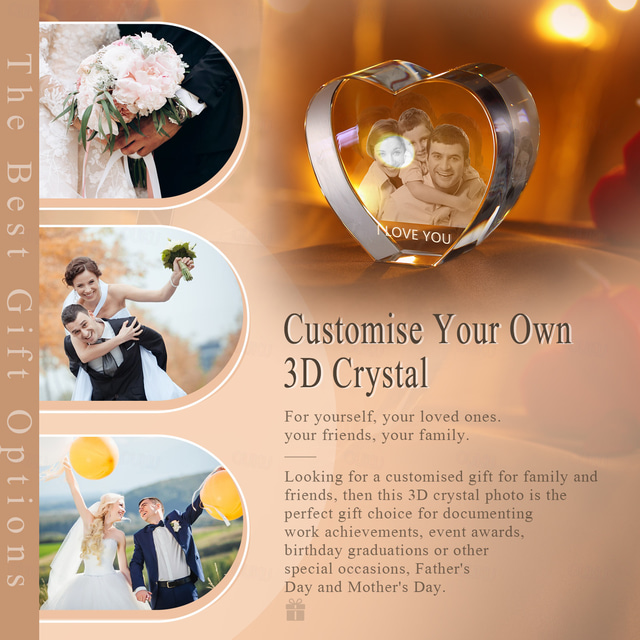 Personalized 3d Engraved Crystal Photo Gift Custom Heart-shaped 