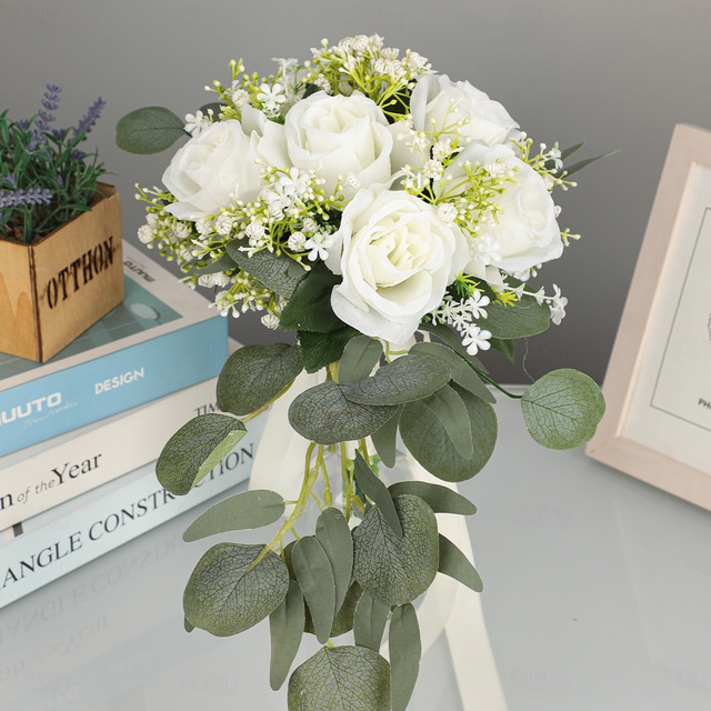 Wedding Bouquets For Bride, Artificial Silk Flower Eucalyptus And Rose 