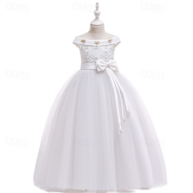  Flower Girl Dress Kid's Girls' Princess Dress Performance Wedding Party Elegant Beautiful Mesh Solid Color Sleeveless Off Shoulder White Champagne 4 years+