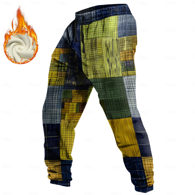  Herr Färgblock Lappverk Träningsbyxor i fleece Dragsko Elastisk midja Vintage Ledigt Utomhus Helgdag Streetwear Med fickor Varm Fleecefodrad Vinter 3D-tryck Gul Blå Orange