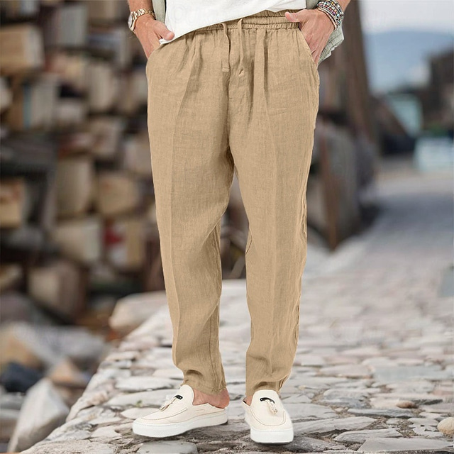  Men's Linen Pants Trousers Summer Pants Drawstring Elastic Waist Straight Leg Plain Comfort Breathable Full Length Casual Daily Holiday Classic Style Retro Vintage Black White