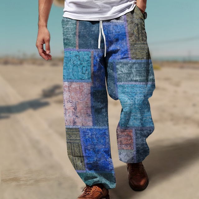  Men's Color Block Patchwork Mid Waist Hawaiian Casual Outdoor Casual Holiday Straight Leg Trousers Summer Spring 3D Print Pink Red Blue