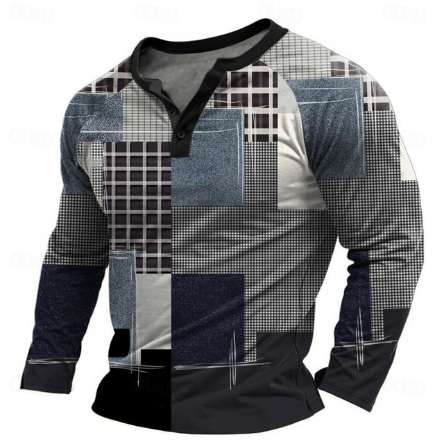  Men's Graphic Patchwork T Shirt Henley Shirt Tee Long Sleeve Designer Basic Classic Outdoor Daily Sports Spring &  Fall Black Light Gray Dark Gray Henley Henley T-Shirt