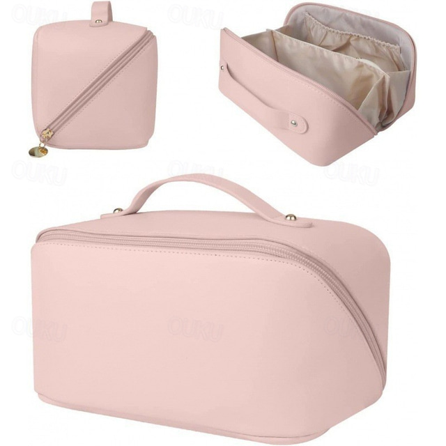  Kosmetiktasche für Reiseschmuck mit großem Fassungsvermögen, modischer Make-up-Organizer aus PU-Leder, tragbarer Kulturbeutel mit Griff für Reisen und Aufbewahrung