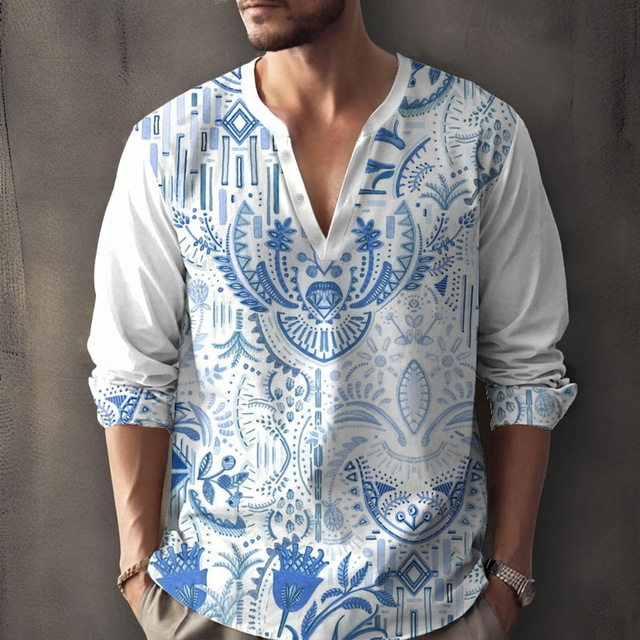  Men's Florals Casual Shirt Button Up Shirt Aloha Shirt Long Sleeve Fashion Casual Casual Summer Spring V Neck V Neck Blue