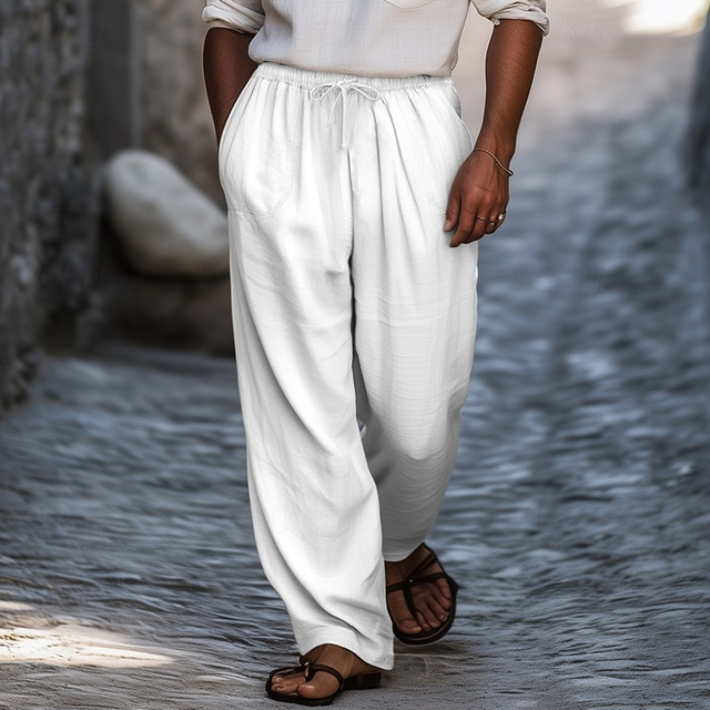  Herre Bukser Sommerbukser Posete bukser Strandbukser Gazebukser Snorer Lomme foran Rett ben عادي Komfort Myk Full lengde Daglig Ferie Treningssenter Mote Retro / vintage Svart Hvit