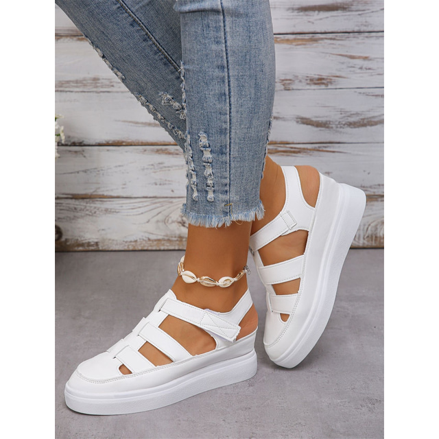  Women's Comfortable Black Faux Leather Strappy Sandals with White Sole - Perfect for Beach or Casual Outings