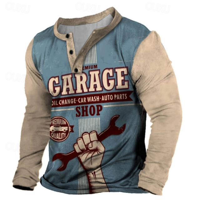  Męskie Graficzny Garage Shop Koszula Henley Koszulki Koszula w stylu vintage Długi rękaw Moda Designerskie Wygodny Na zewnątrz Codzienny Wiosna i jesień Khaki Henley Koszulka Henley