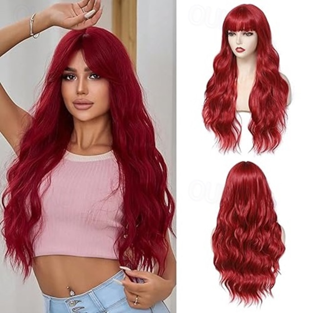  Long Wavy Wig With Bangs for Women Curly Wavy Wig With Bangs Natural Looking Synthetic Heat Resistant Fiber Wig for Daily Party Use