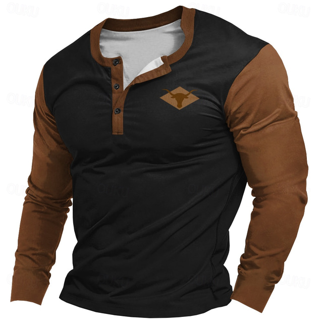  Men's Graphic Logo Bull Henley Shirt Long Sleeve T shirt 3D Print Henley Shirt Fashion Designer Comfortable Casual Daily Navy Blue Brown Khaki Spring &  Fall Clothing Apparel S M L XL XXL XXXL